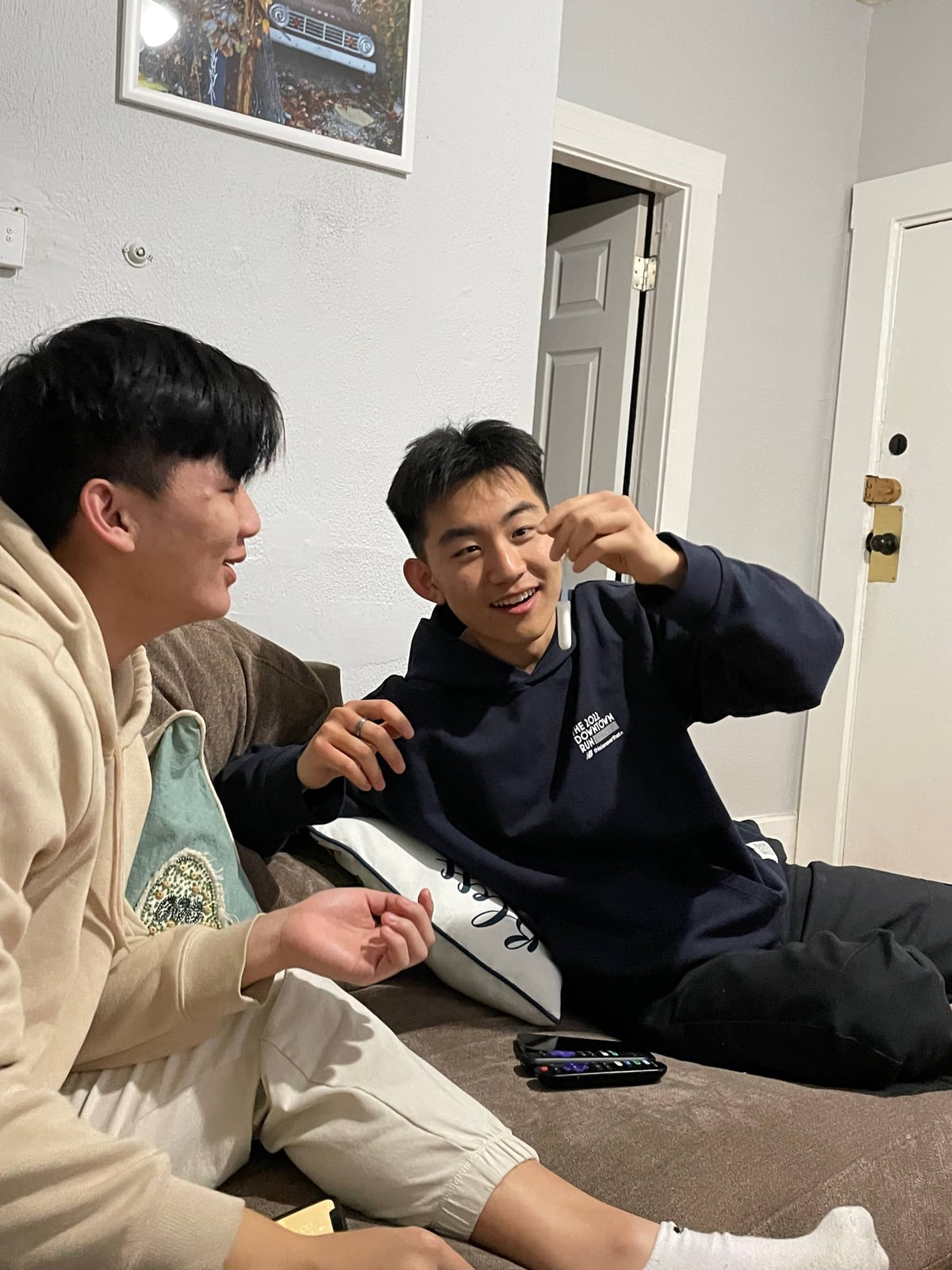 Derek and I holding a tampon